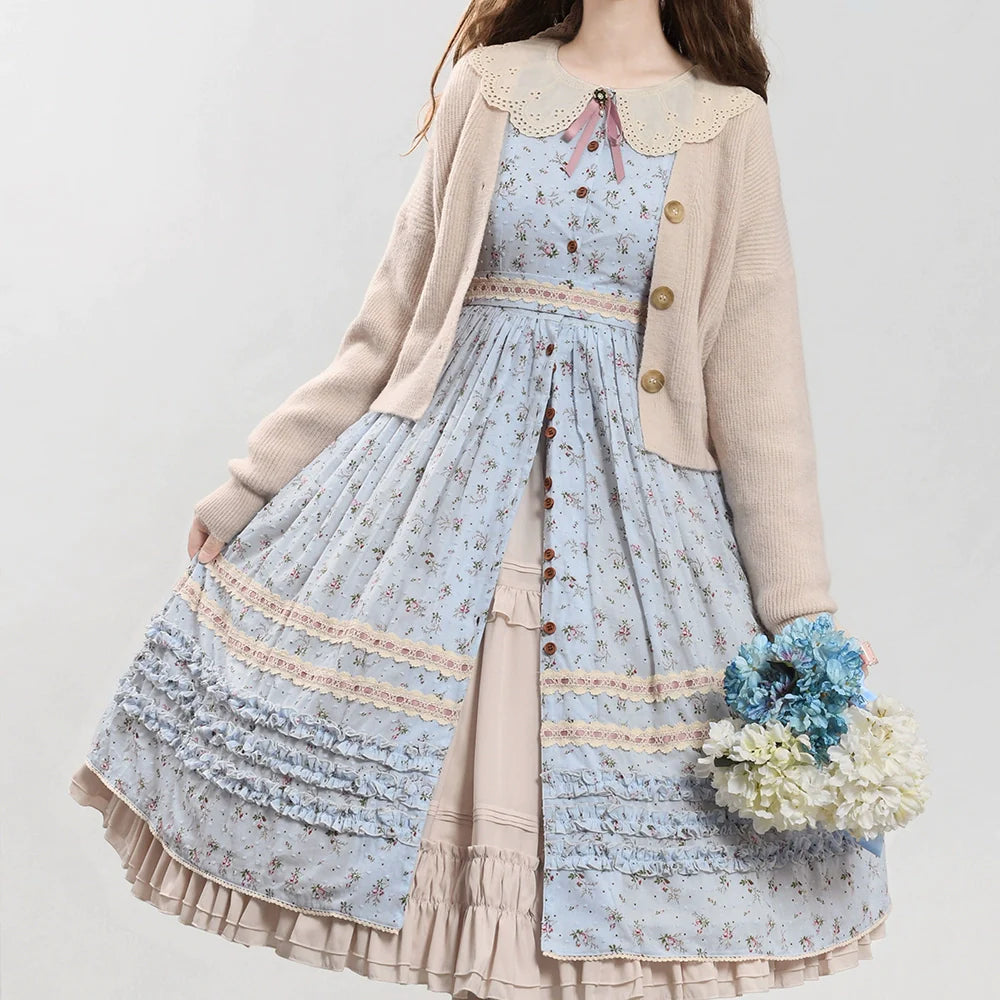 【予約販売】Pink Flower 小花模様のボタン付コットンワンピース