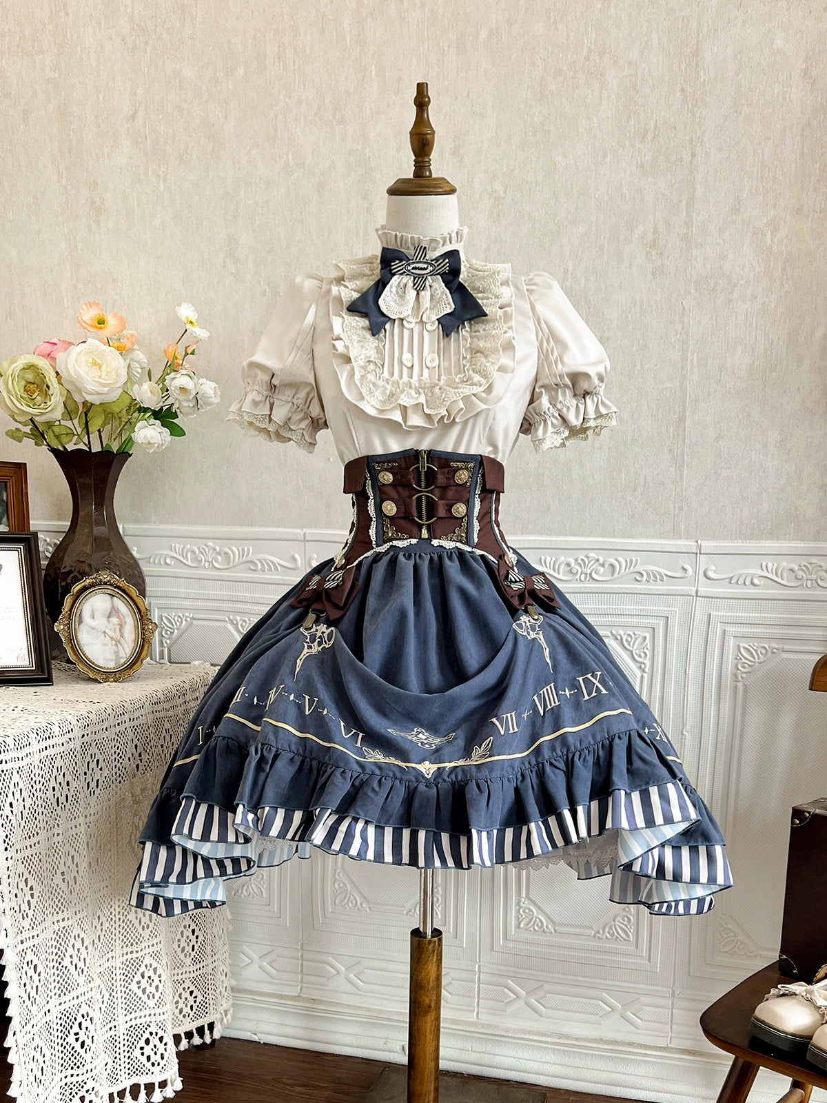 Tick ​​Tock hem stripe skirt 3 piece set