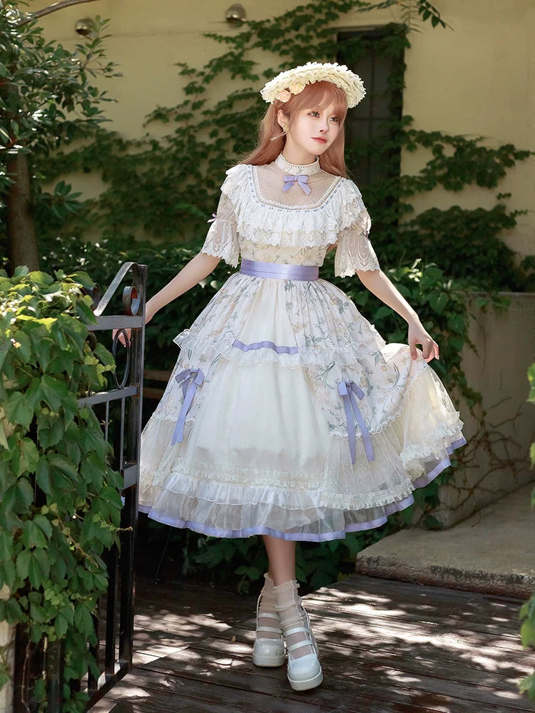 Four Seasons Inflorescence Lavender Color Short Sleeve Dress