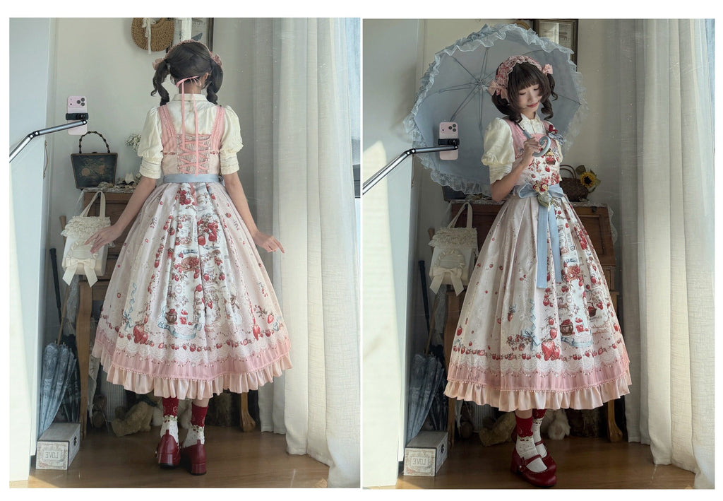 【受注予約10/29まで】Strawberry Manor プリントジャンパースカート・ロング丈
