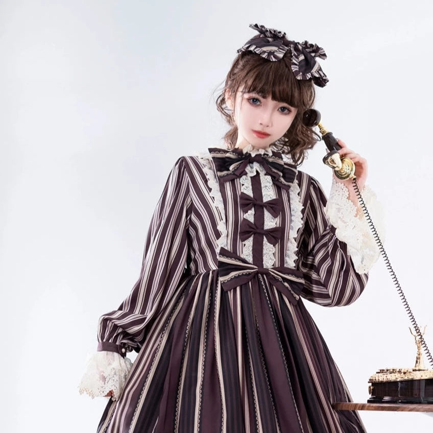 Stripes Story ブラウンワンピース リボンのヘアアクセ付