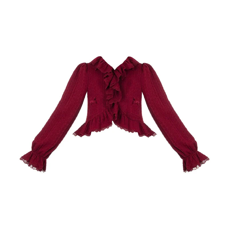 Pomegranate pattern jumper skirt and frilled cardigan