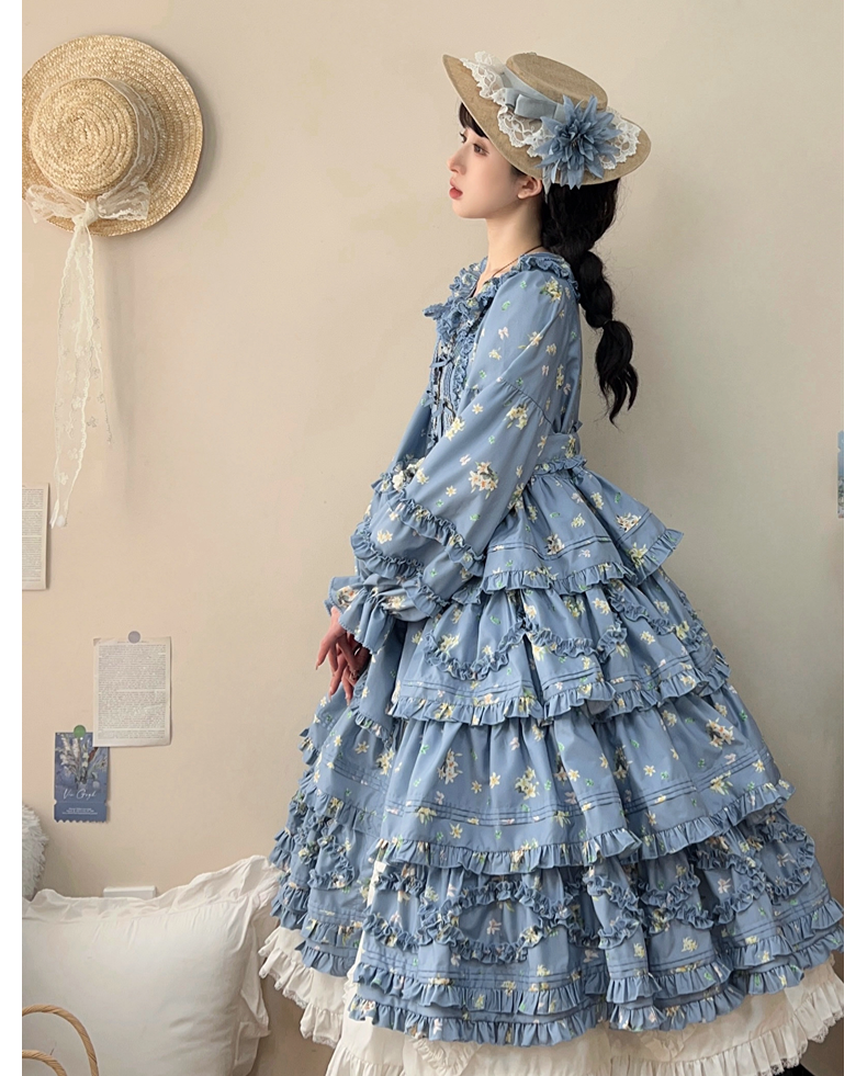 Fragments of Flowers Long Sleeve Tiered Dress - Sax