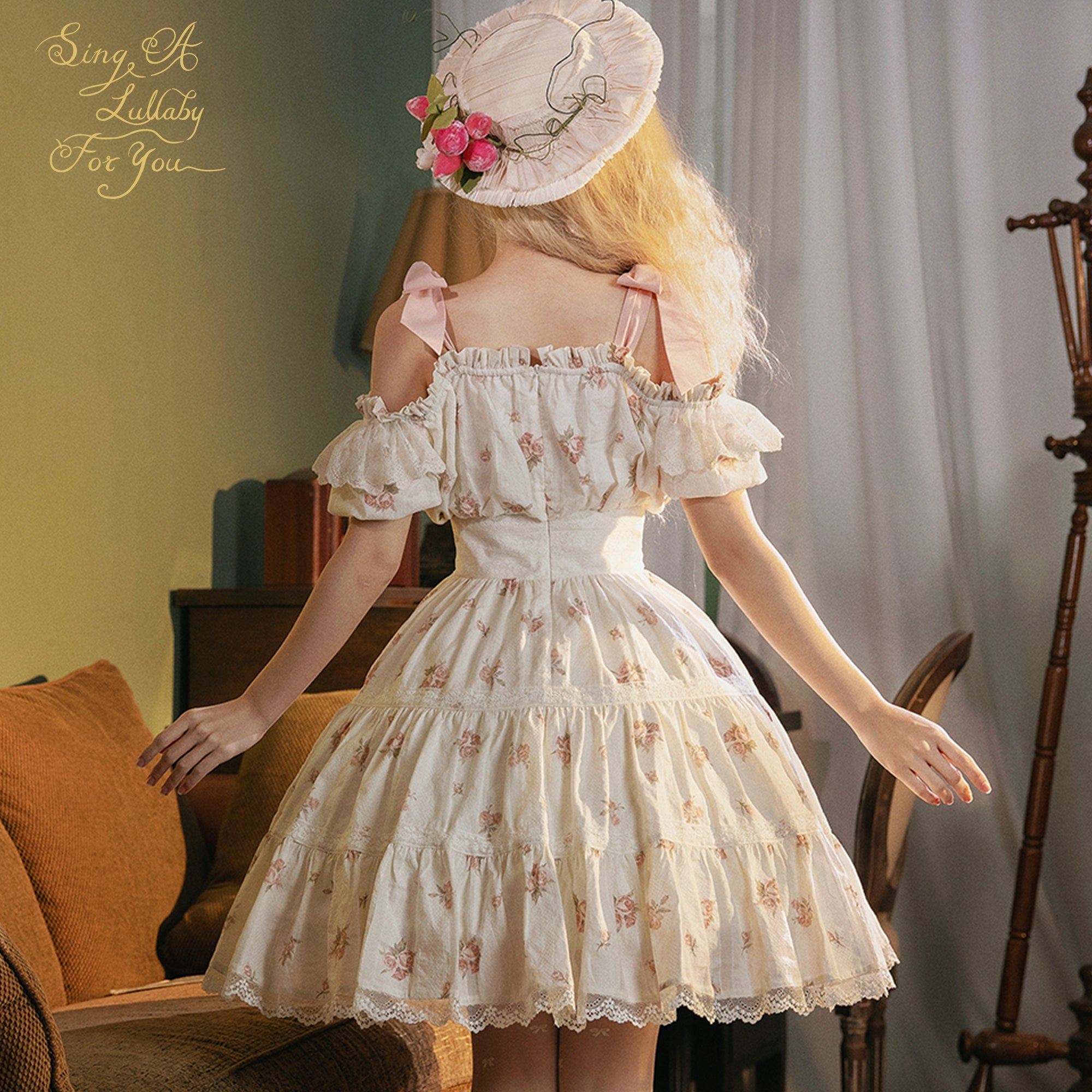 Blooming Rose ピンクリボンのオフショルダー半袖ワンピース