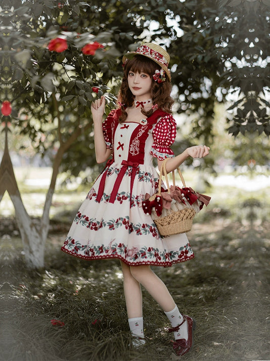 Midsummer Orchard Cherry and Rabbit Short Sleeve Dress