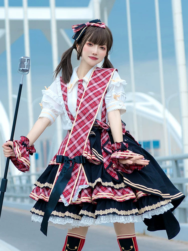 Red Moon チェックとフリルのアイドル風サスペンダースカート フルセット