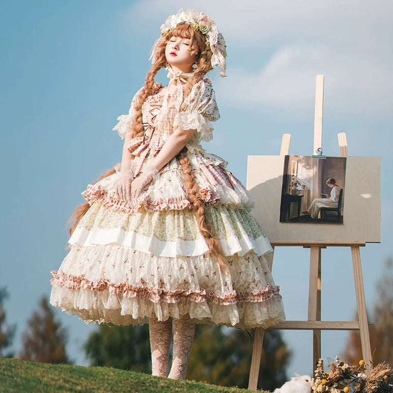 小花柄フレンチカントリーワンピース ヘッドドレス・エプロン付き