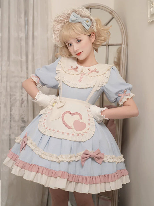 White cat maid dress with bell ribbon apron