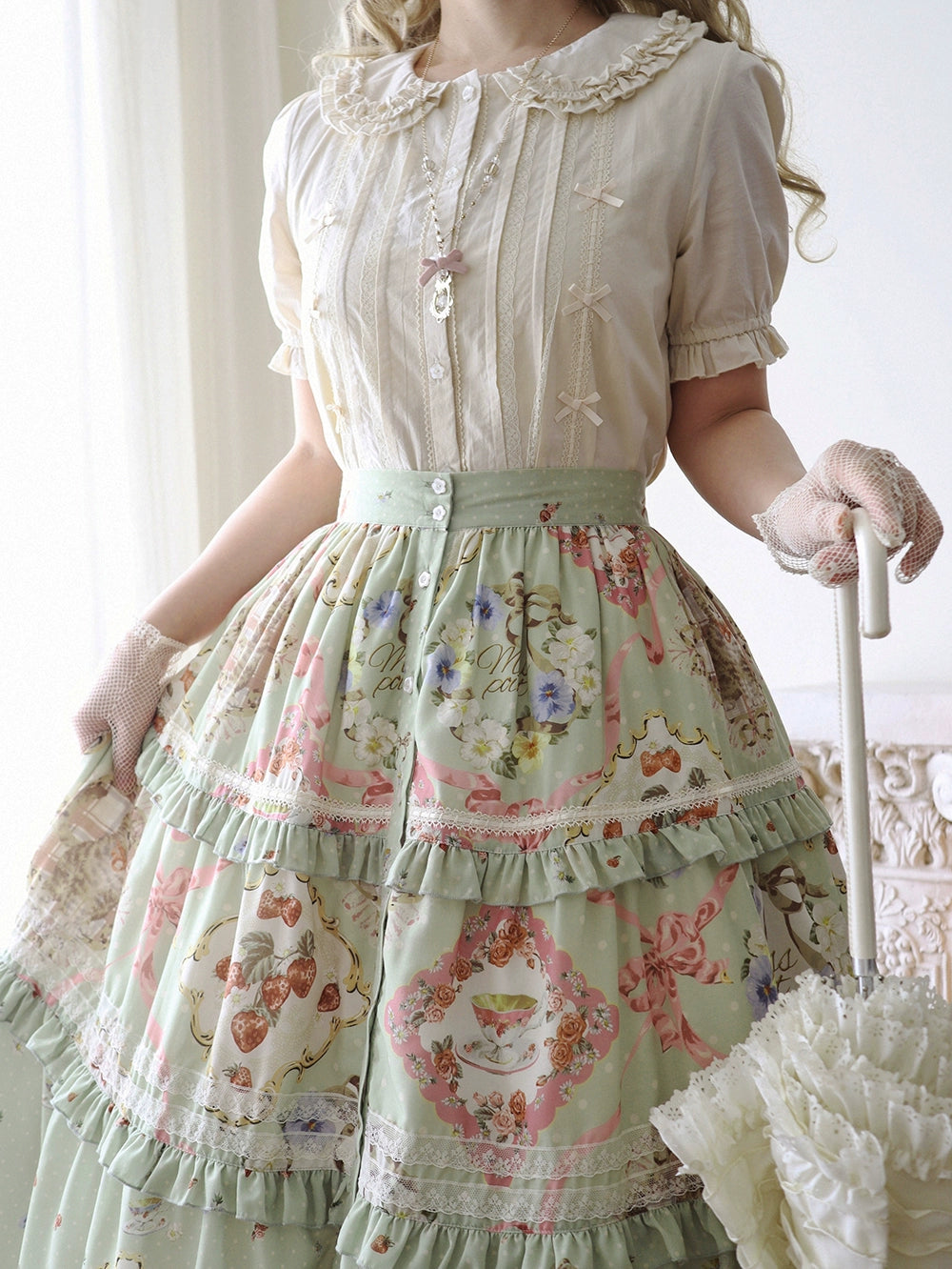 [Pre-order] Cat Rose Tea Party Long Skirt with Front Opening, Flat Type