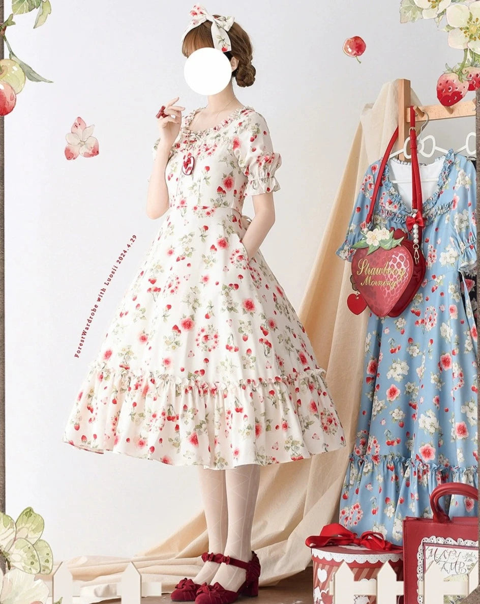 Early Summer Strawberry Picture Book One-Piece Dress with Ribbon Hair Accessory