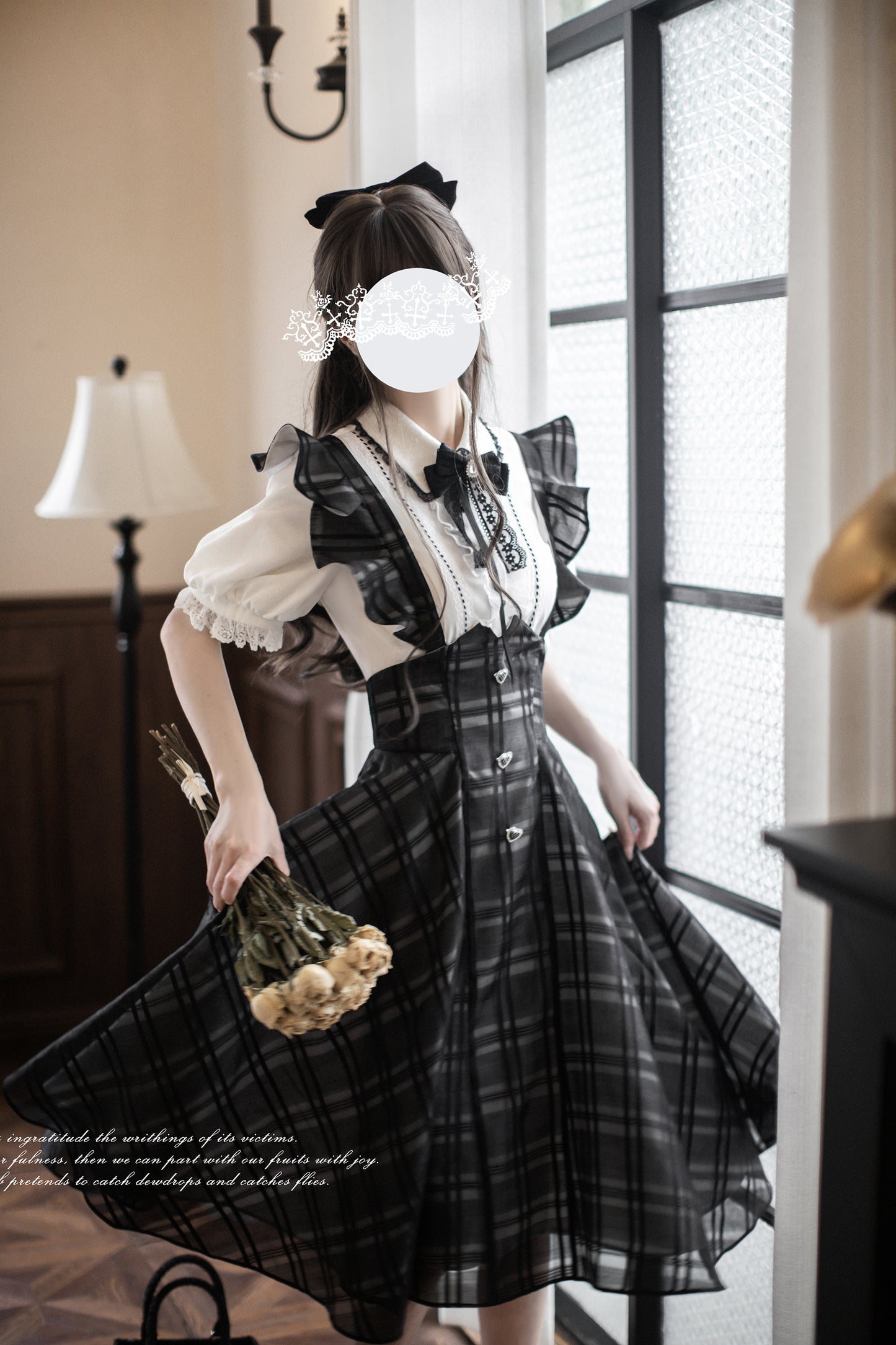 Monochrome Heart チェック柄ジャンパースカートセット・ロング丈