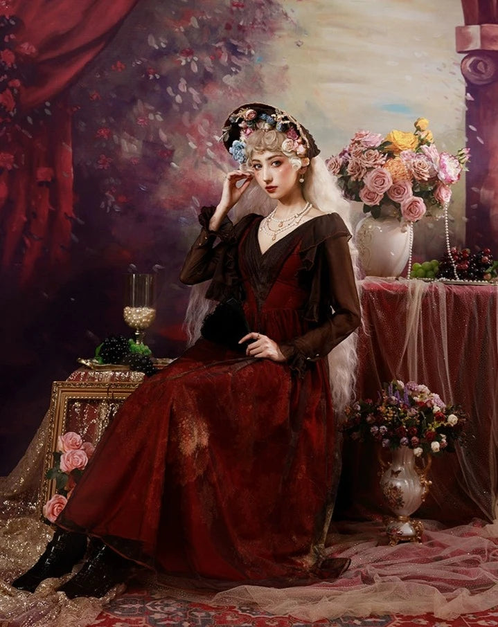Porcelain Flower Garden 油彩画のロング丈ジャンパースカート