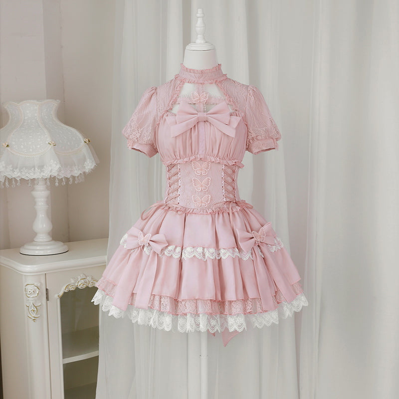 Baby Pink クロスリボンのコルセット風半袖ワンピース