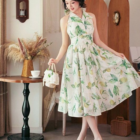 Afternoon Forest Retro Elegant Halter Neck Jumper Skirt with Hair Accessory