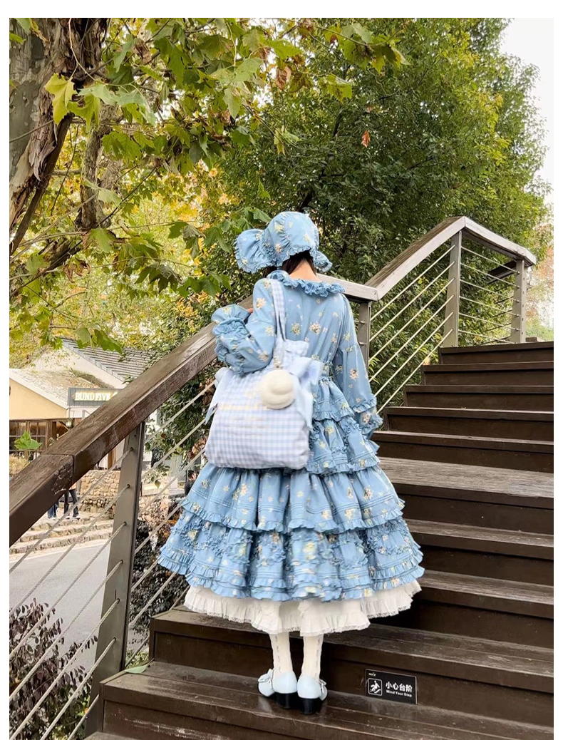 Fragments of Flowers 長袖ティアードワンピース・サックス – ロリータ Fragments of Flowers 長袖ティアードワンピース・サックス – ロリータ