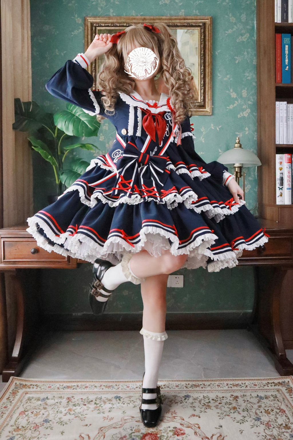 【受注予約4/28まで】セーラー襟と3段フリルの2wayマリンワンピース・ネイビー・ミドル丈