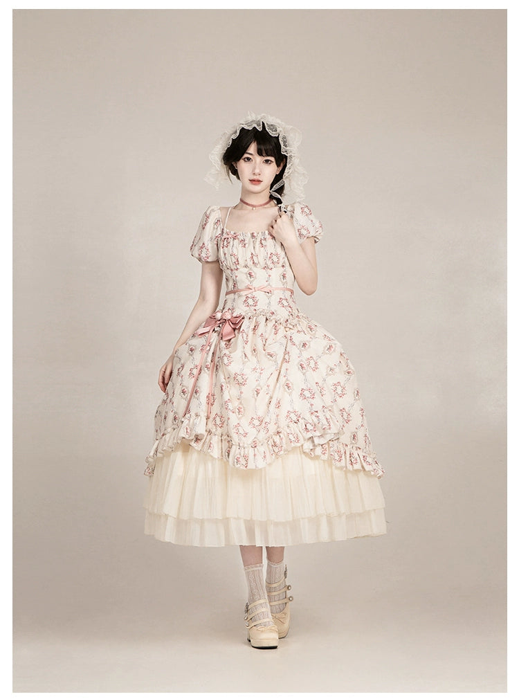 雨上がりの薔薇 プリントワンピース・ロング丈