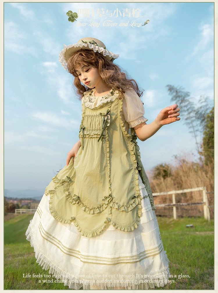 【受注予約5/18まで】Four Leaf Clover and Lime 刺繍襟のワンピース