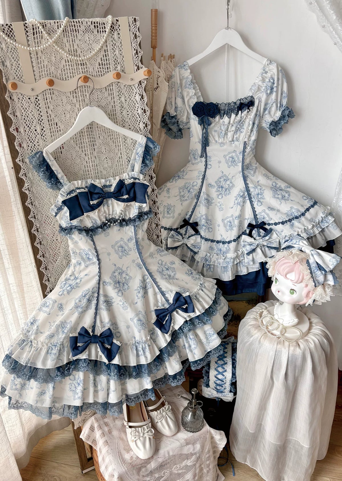 Blue Floral Rose プリントジャンパースカート