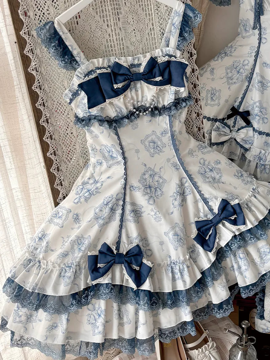 Blue Floral Rose プリントジャンパースカート