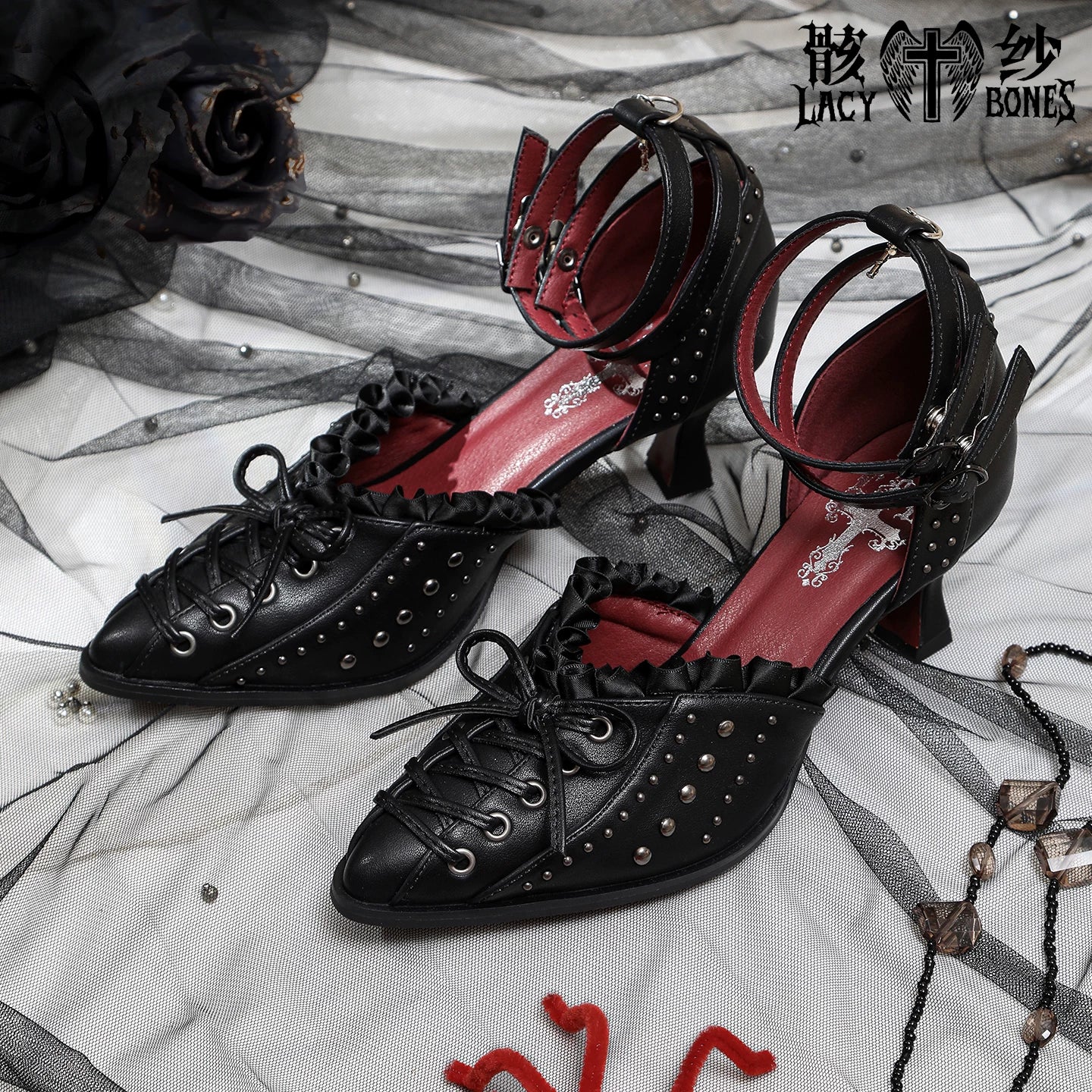 【Twilight Stud Vow】鋲×レース ダークゴシックポインテッドトゥパンプス