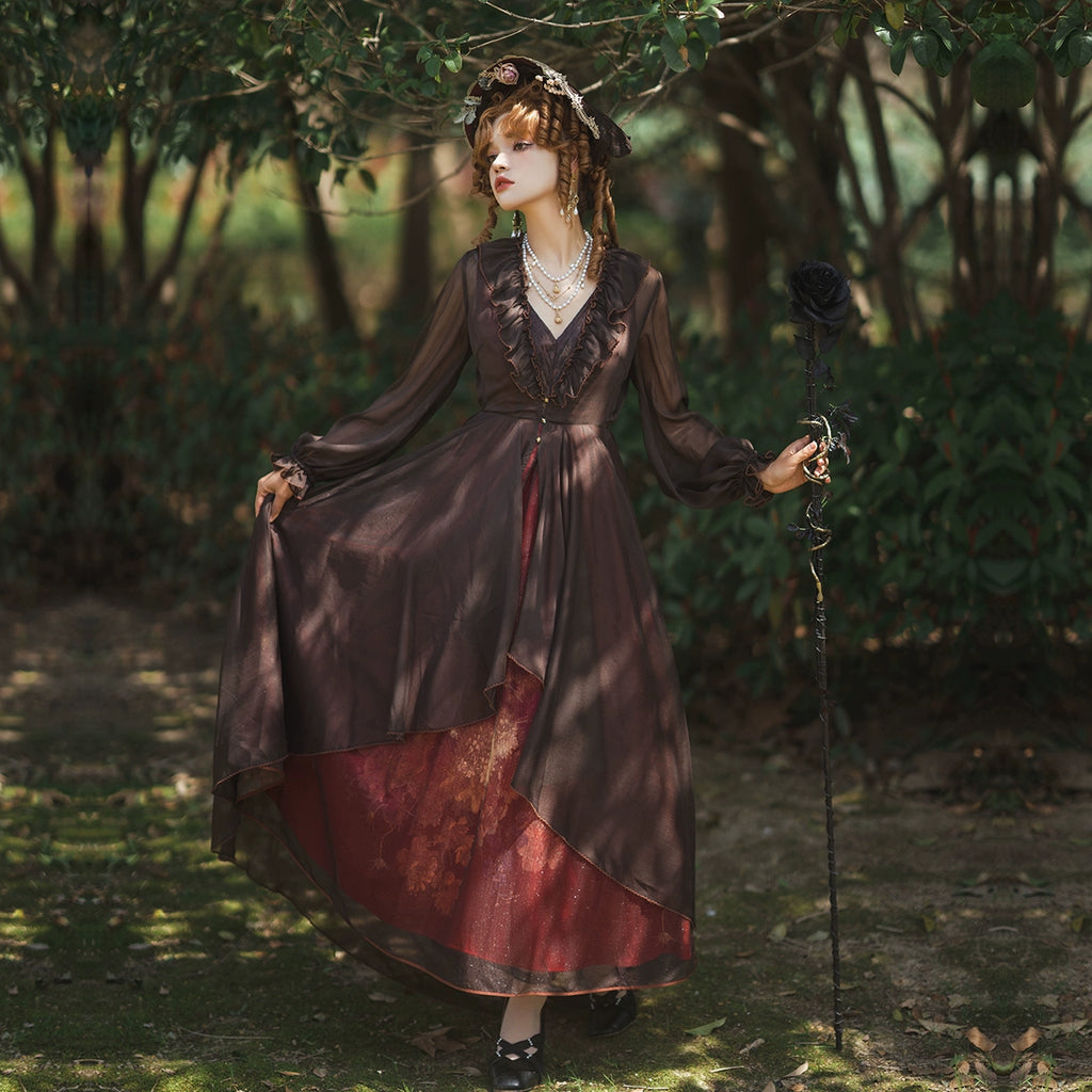 Porcelain Flower Garden 油彩画のロング丈ジャンパースカート