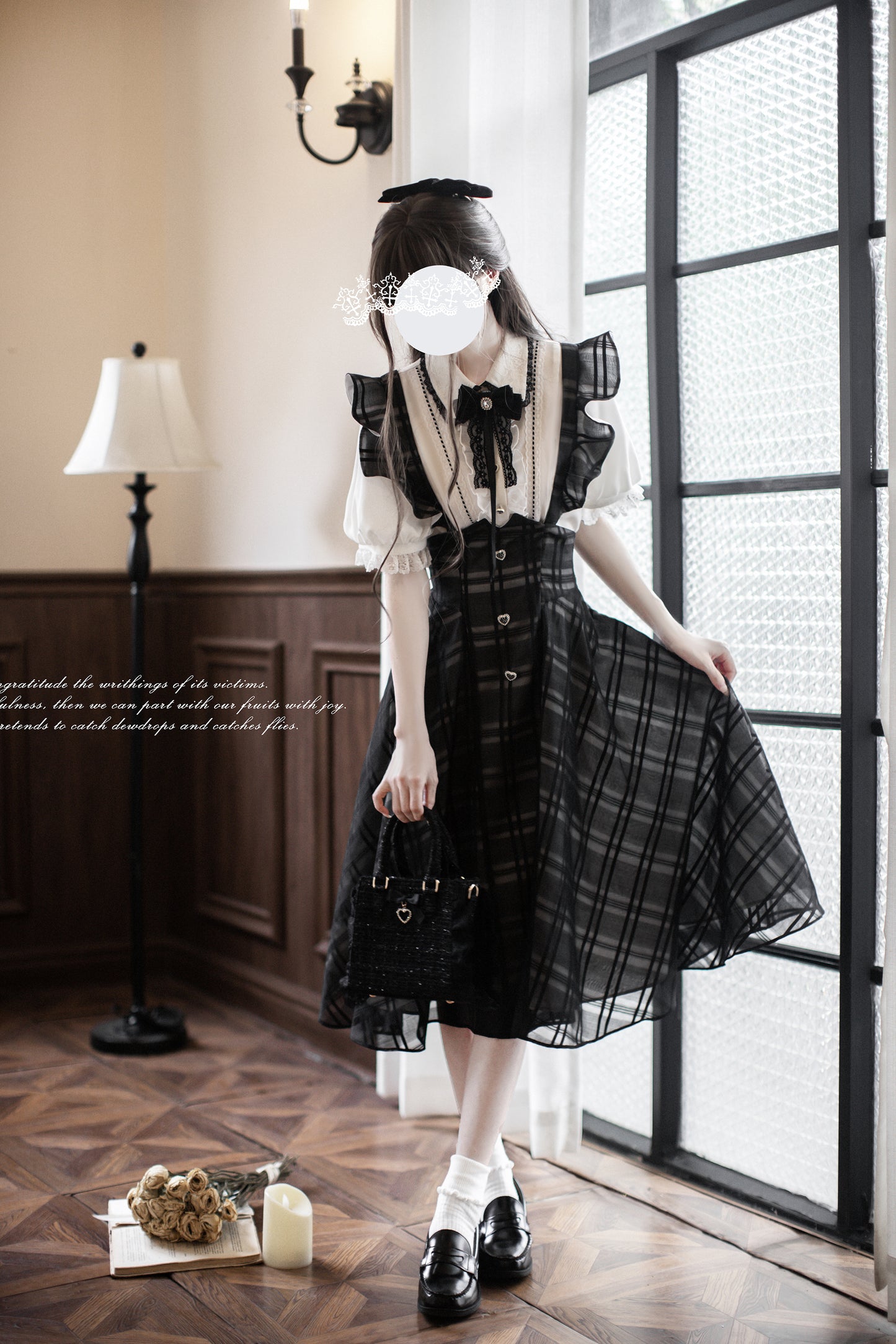 Monochrome Heart チェック柄ジャンパースカートセット・ロング丈