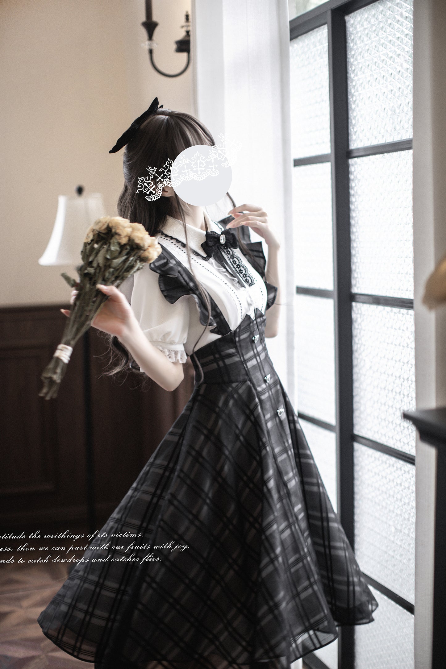 Monochrome Heart チェック柄ジャンパースカートセット・ロング丈