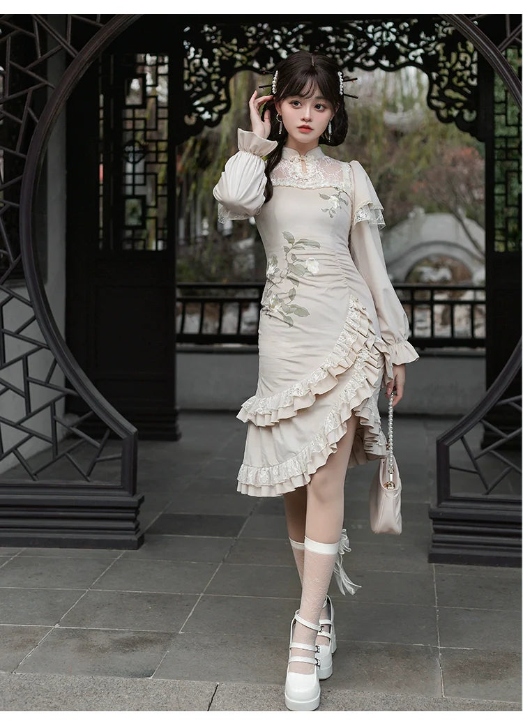 White camellia Chinese dress style one-piece