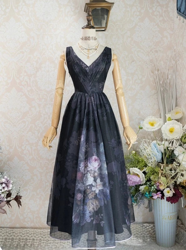 Porcelain Flower Garden 油彩画のロング丈ジャンパースカート