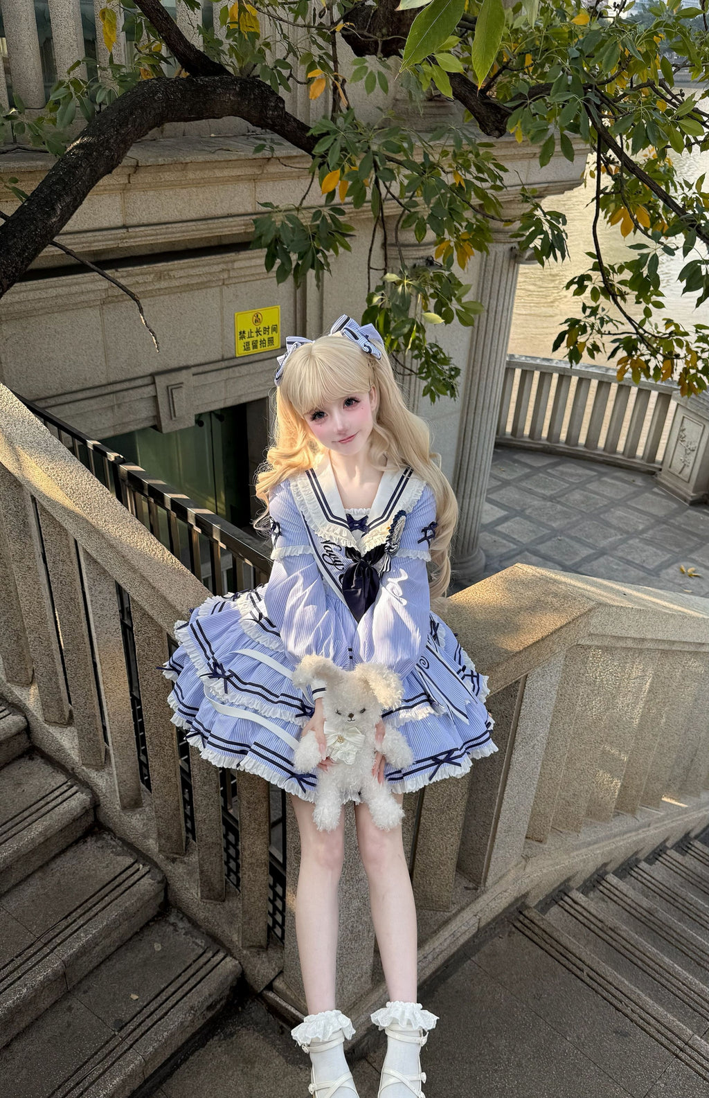 【受注予約4/28まで】セーラー襟と3段フリルの2wayマリンワンピース・ストライプ・ショート丈