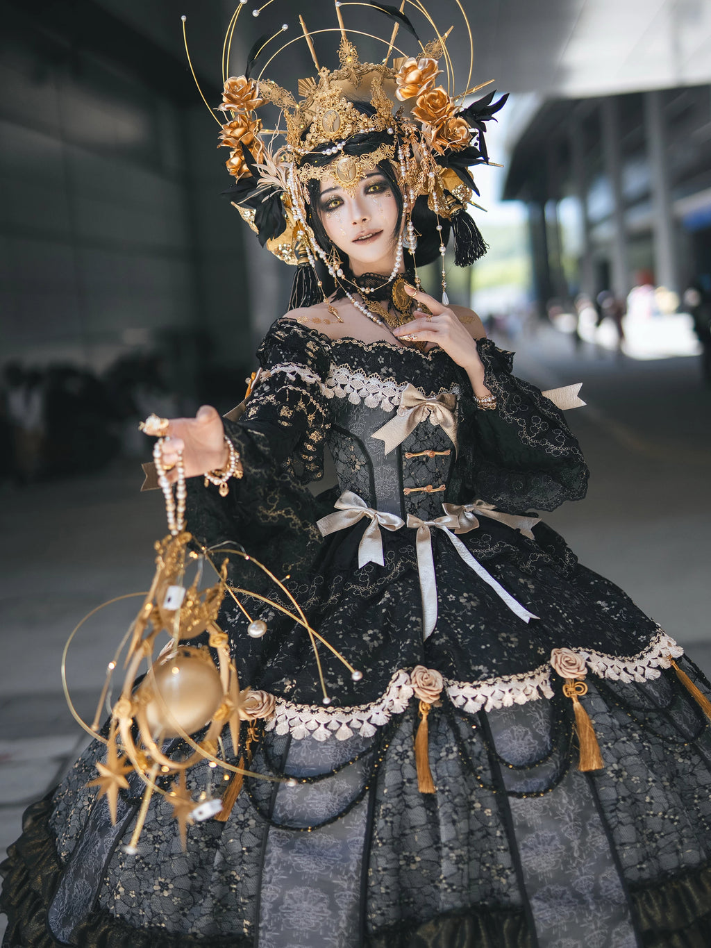【受注予約11/18まで】千刻玲瓏 中華風長袖ドレス・ブラック
