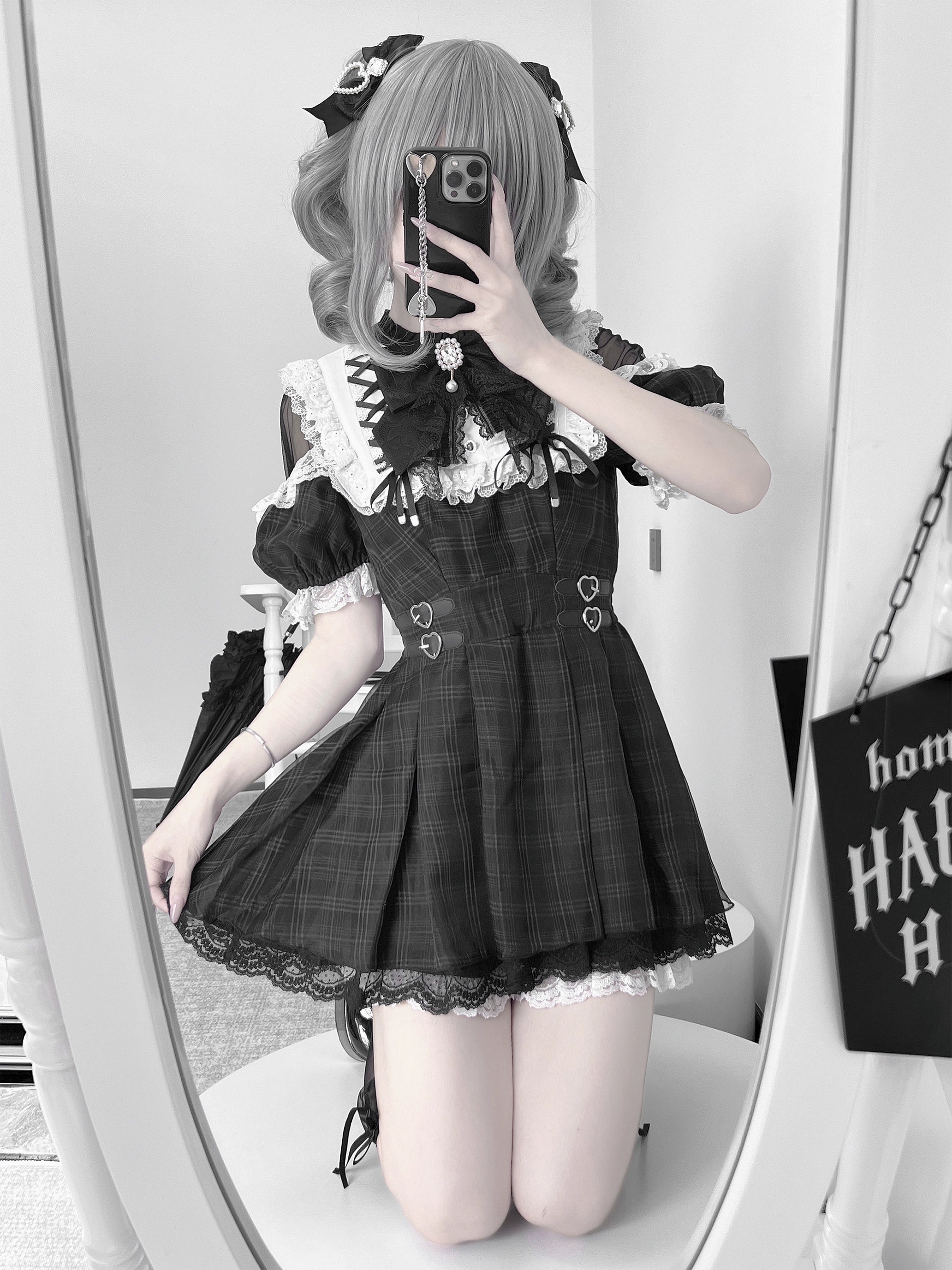 【予約販売】 Angel Heartbeat Black フリルチェックミニ丈ワンピース