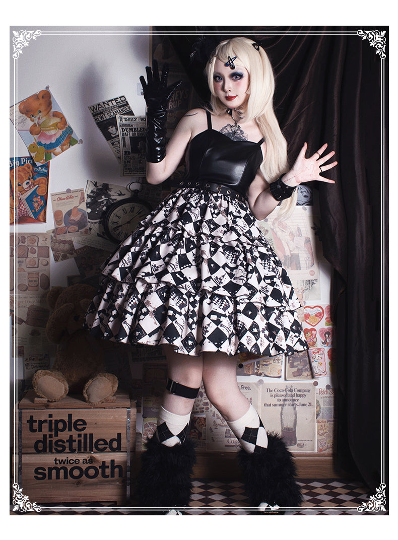 【予約販売】Checkerboard パンクスタイルジャンパースカート チョーカー・ベルト付