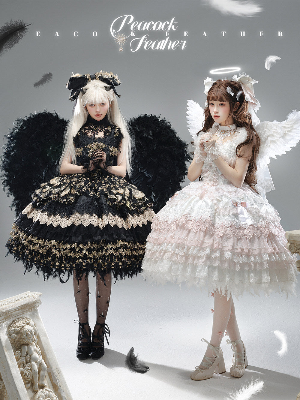 【新色・受注予約1/22まで】Peacock Feather プリンセスドレス・ホワイト×ピンク