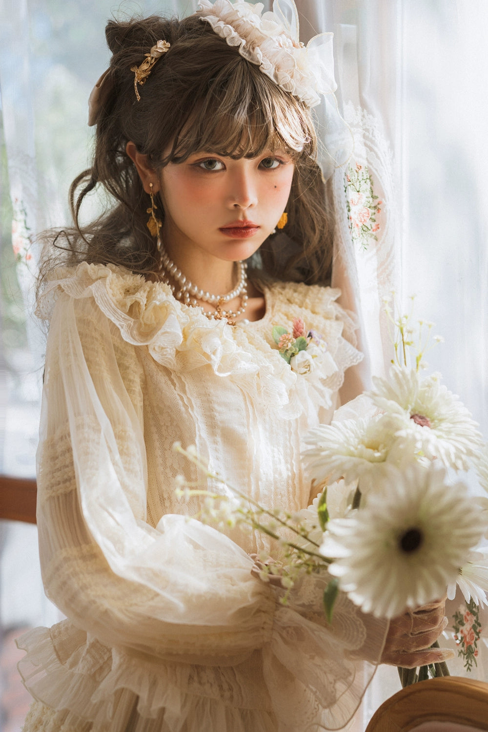 【予約販売】猫の薔薇お茶会 フリル長袖ブラウス