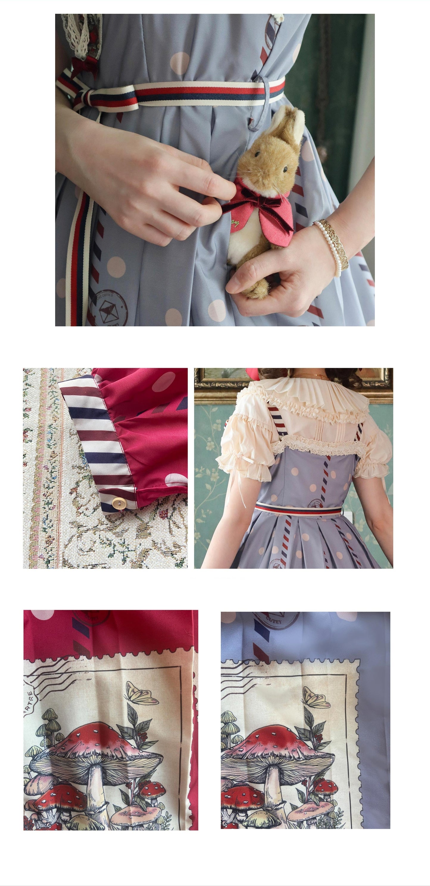 キノコとウサギの切手デザインワンピース