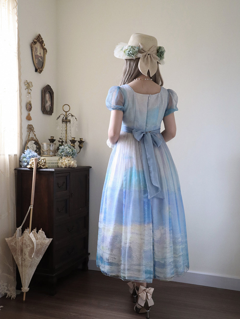 【予約販売】Elegance Greek 油彩画風プリントエンパイアワンピース・新色