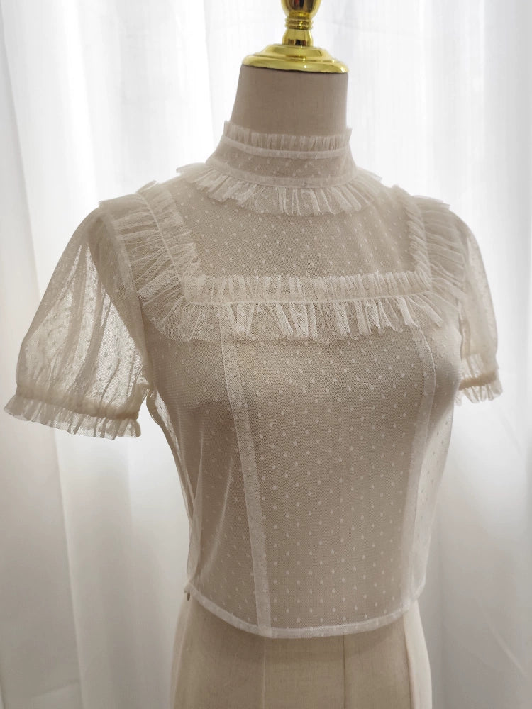 [Sales period ended] Cherry and Heart sheer dot short sleeve blouse