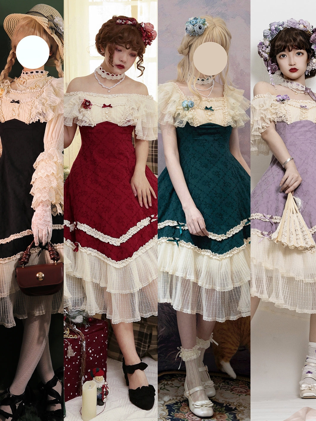 薔薇模様のジャガードフリルレース2wayワンピース 全4色