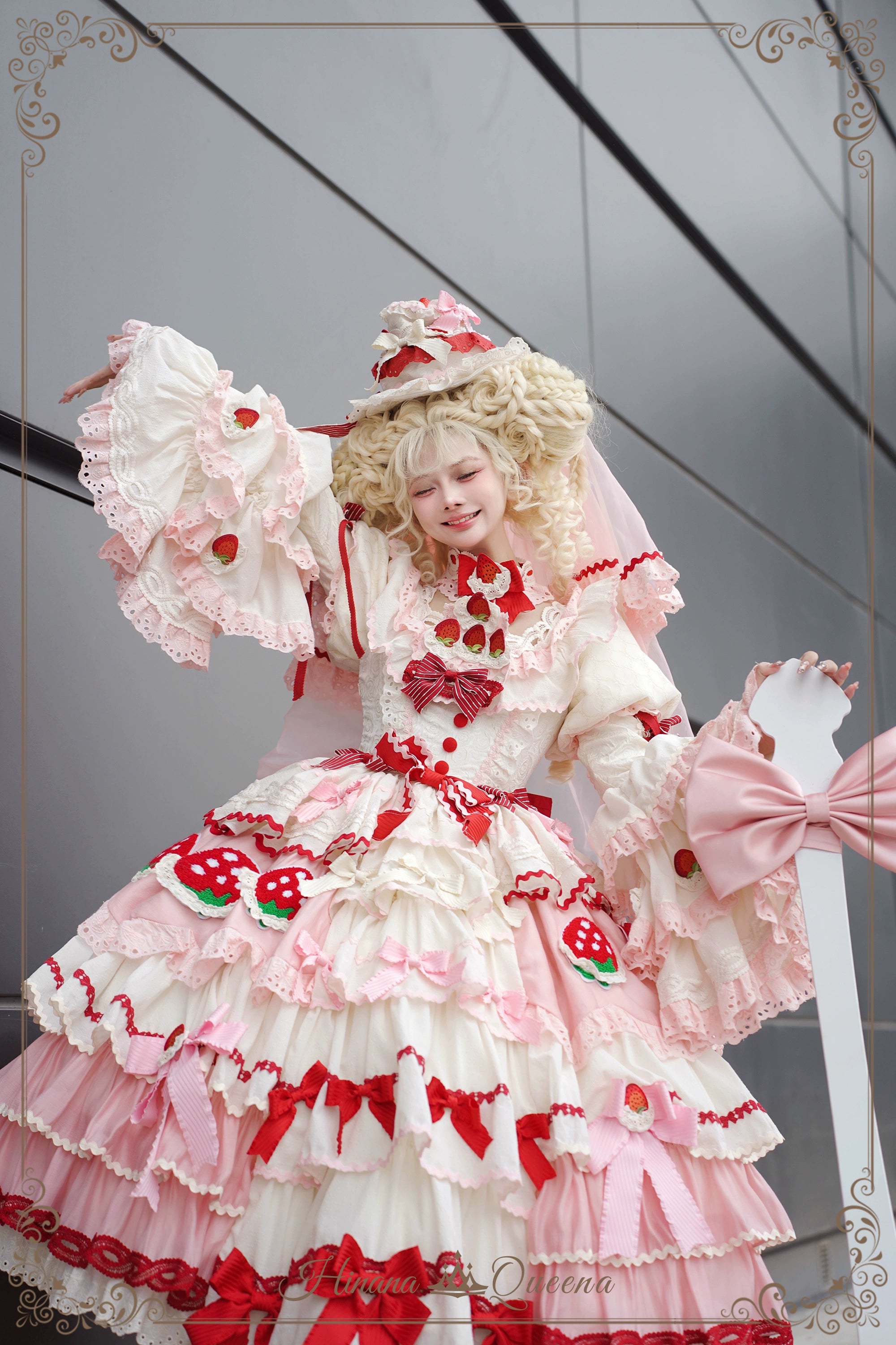 Strawberry Party リボンとフリルのデコレーションドレス・姫袖タイプ