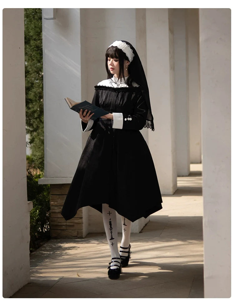 Nun style stand up collar gothic dress