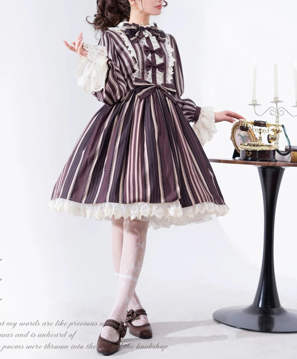 Stripes Story ブラウンワンピース リボンのヘアアクセ付
