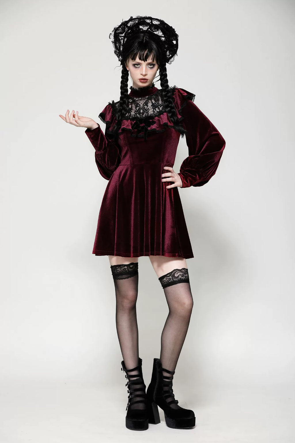 【Dark in Love】ダークレッド ベルベット×レース ゴスロリ長袖ワンピース | Blood Velvet (コピー)