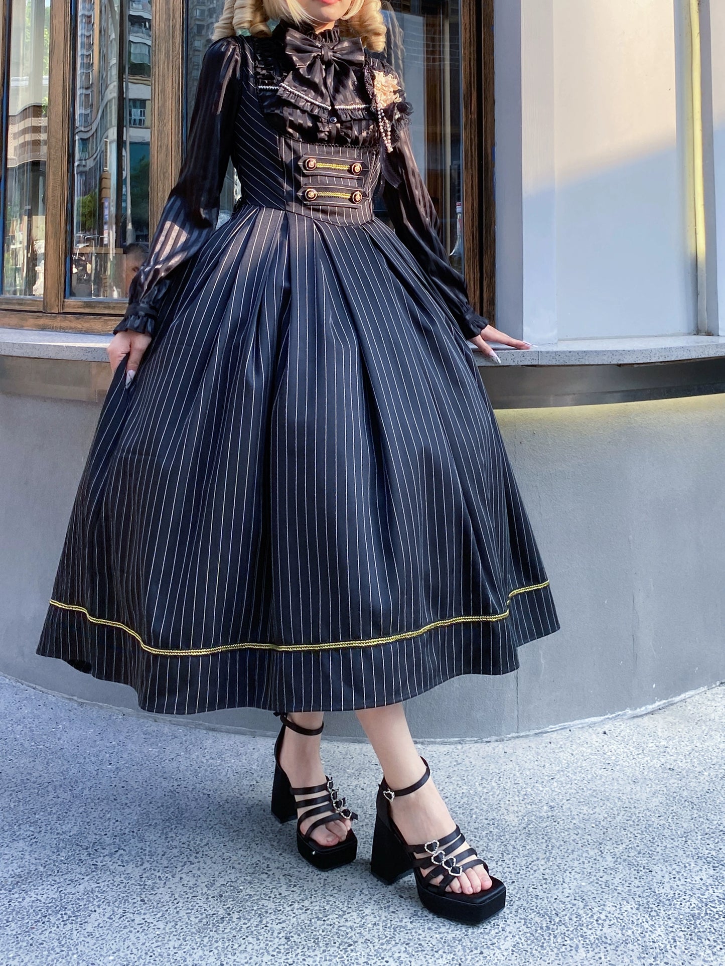 [Resale/Pre-orders available until 10/28] Bright Moon Corset Jumper Skirt Stripe [Black]