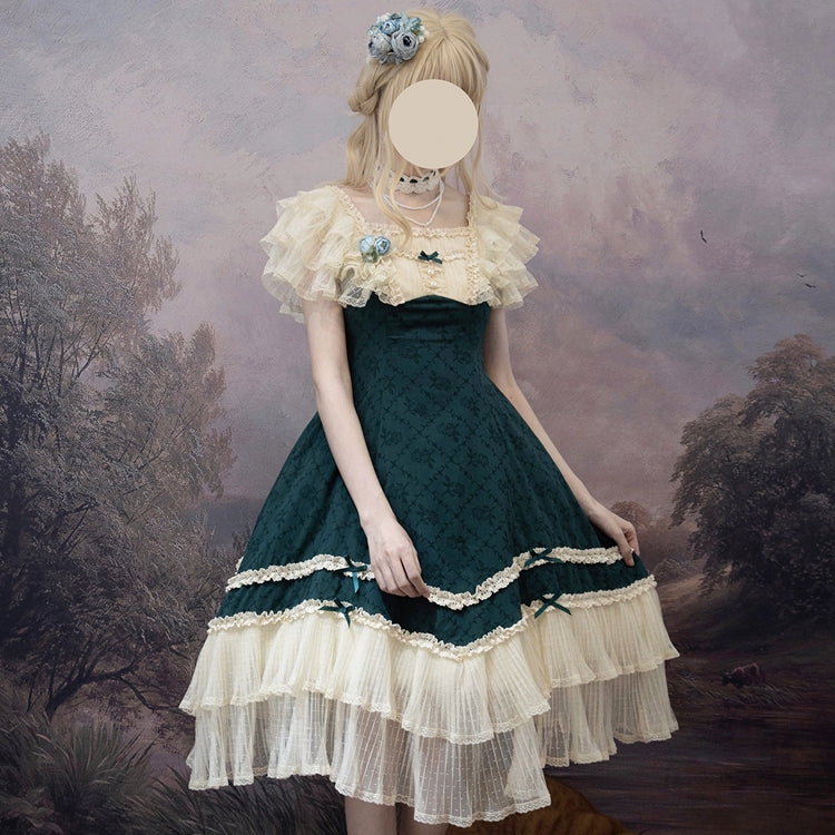 薔薇模様のジャガードフリルレース2wayワンピース 全4色