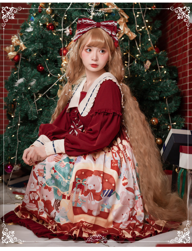 サンタベアープリント クリスマスカラーのロリータドレス