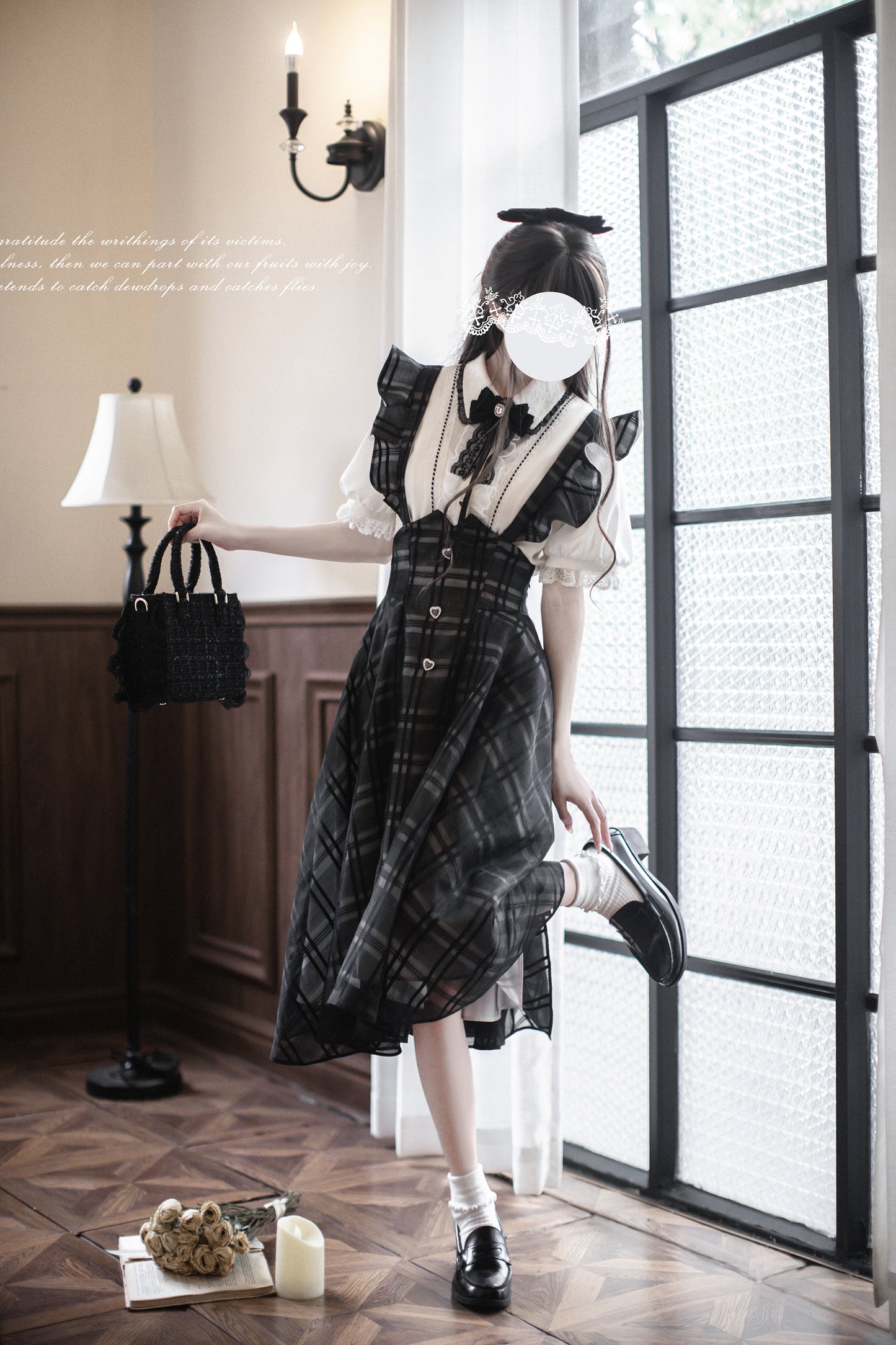 Monochrome Heart チェック柄ジャンパースカートセット・ロング丈