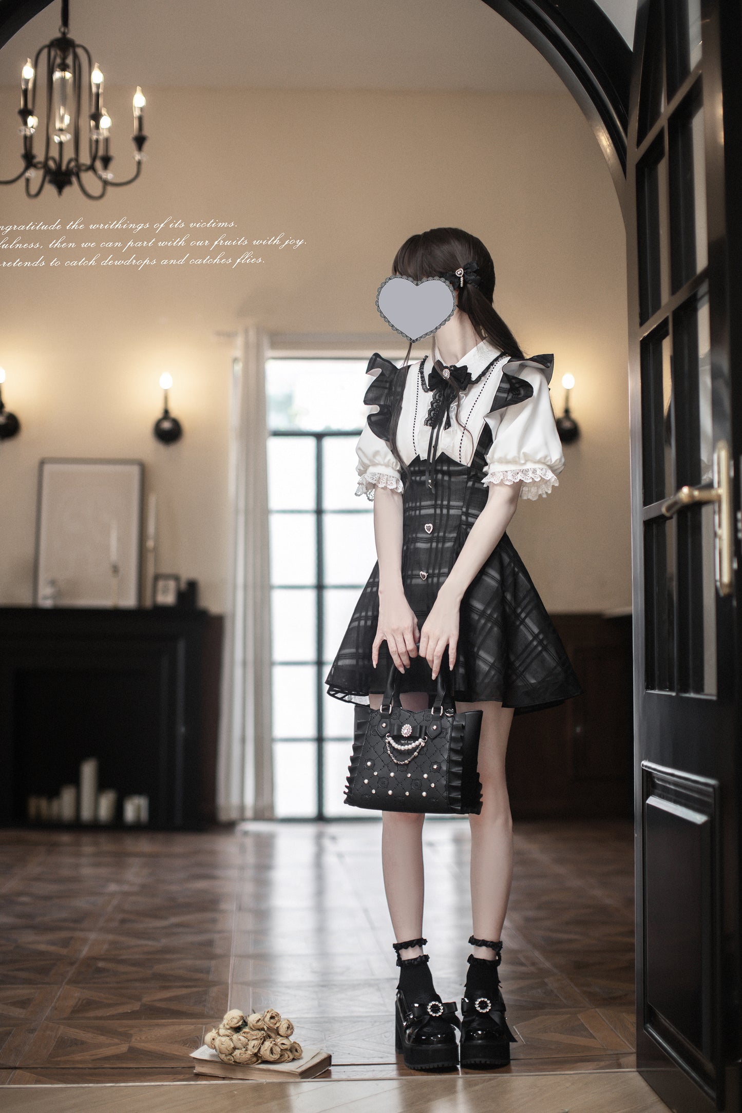 Monochrome Heart チェック柄ジャンパースカートセット・ショート丈