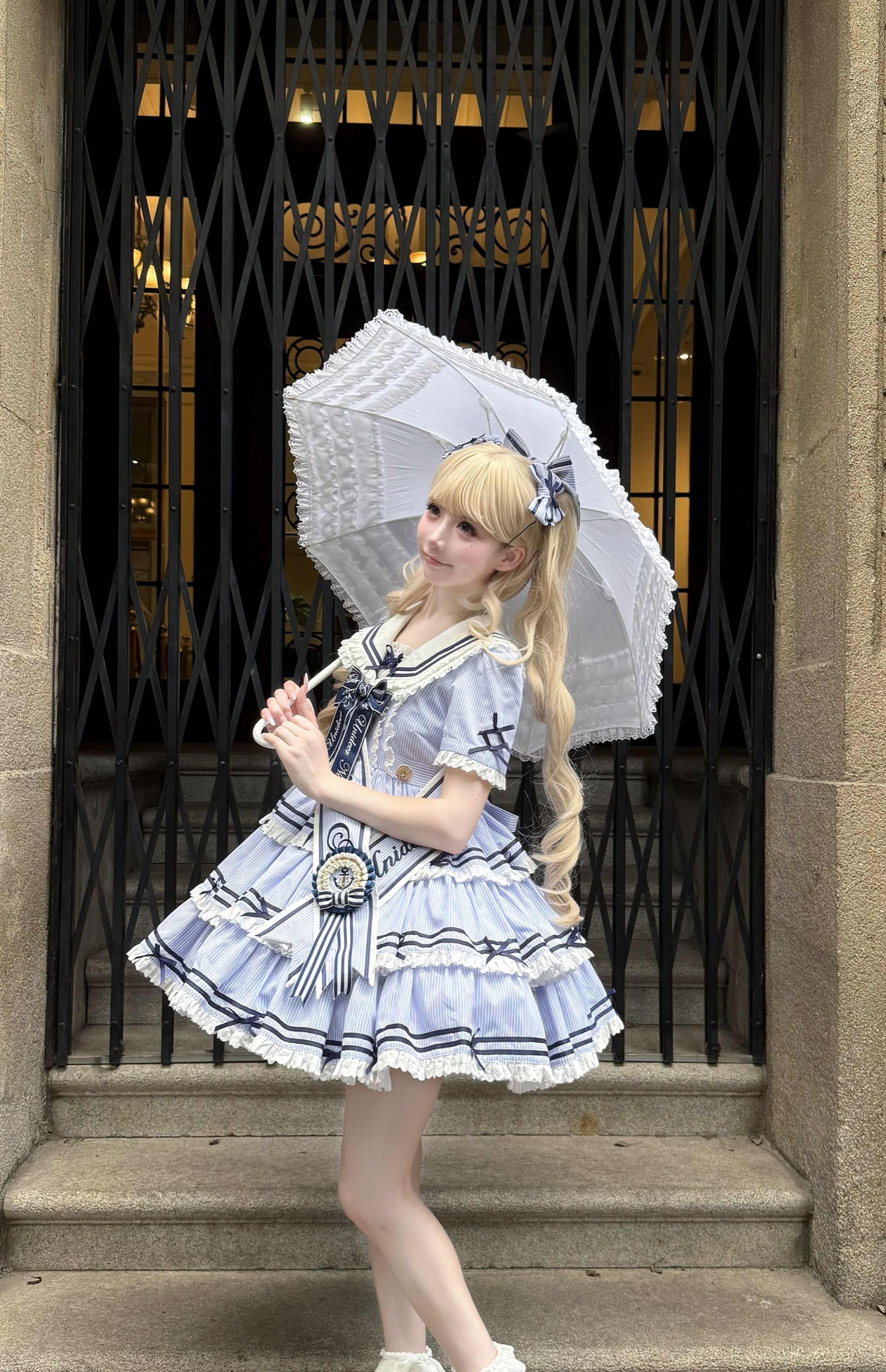 【受注予約4/28まで】セーラー襟と3段フリルの2wayマリンワンピース・ストライプ・ショート丈